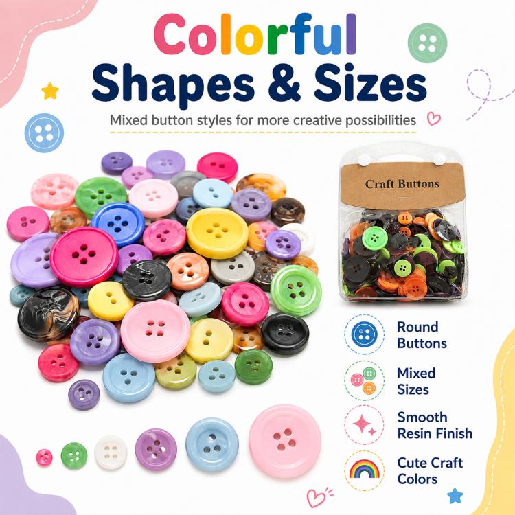 Kit per lavori creativi fai da te con bottoni rotondi in resina colorati di varie dimensioni, 175 g/confezione, 250-400 pezzi/confezione