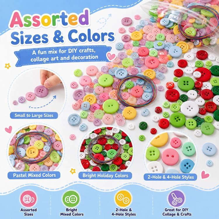 500 g/confezione Bottoni natalizi rotondi in resina colorati di varie dimensioni Kit per lavoretti fai da te per bambini, 800-1000 pezzi/confezione
