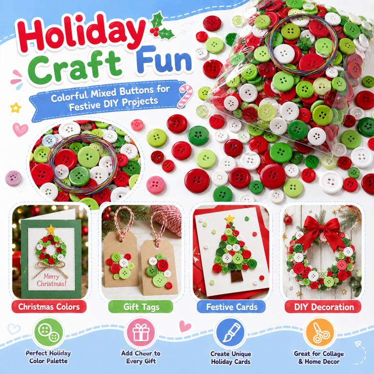 500 g/confezione Bottoni natalizi rotondi in resina colorati di varie dimensioni Kit per lavoretti fai da te per bambini, 800-1000 pezzi/confezione