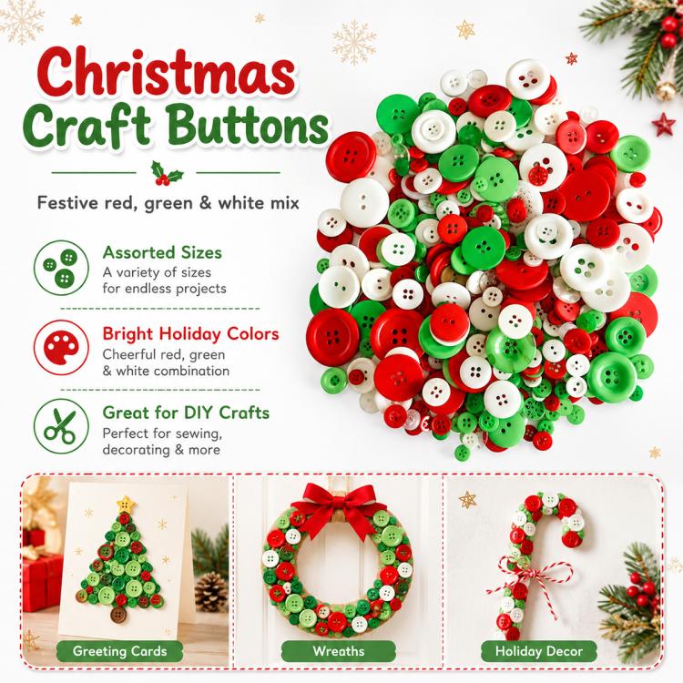 300 g/confezione Bottoni rotondi in resina di dimensioni miste per Natale Kit fai da te per bambini, 600-700 pezzi/confezione