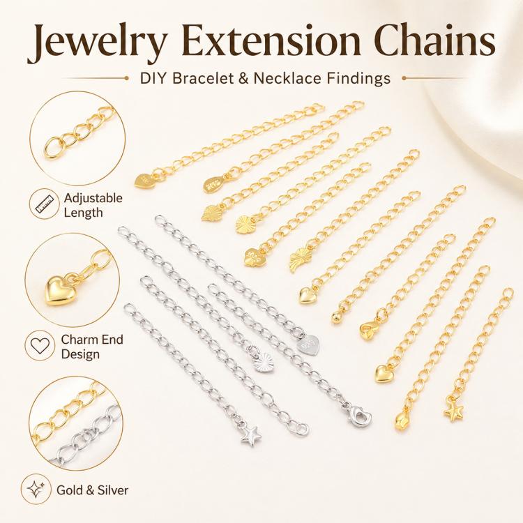 Confezione da 10 pezzi di catenelle di prolunga placcate in oro, resistenti allo scolorimento, per la creazione di collane e bracciali fai da te., S925 Heart-Shaped Charm, Crooked Heart S925, Smooth Unengraved Heart, Four-Leaf Clover Charm