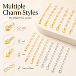 Confezione da 10 pezzi di catenelle di prolunga placcate in oro, resistenti allo scolorimento, per la creazione di collane e bracciali fai da te., S925 Heart-Shaped Charm, Crooked Heart S925, Smooth Unengraved Heart, Four-Leaf Clover Charm