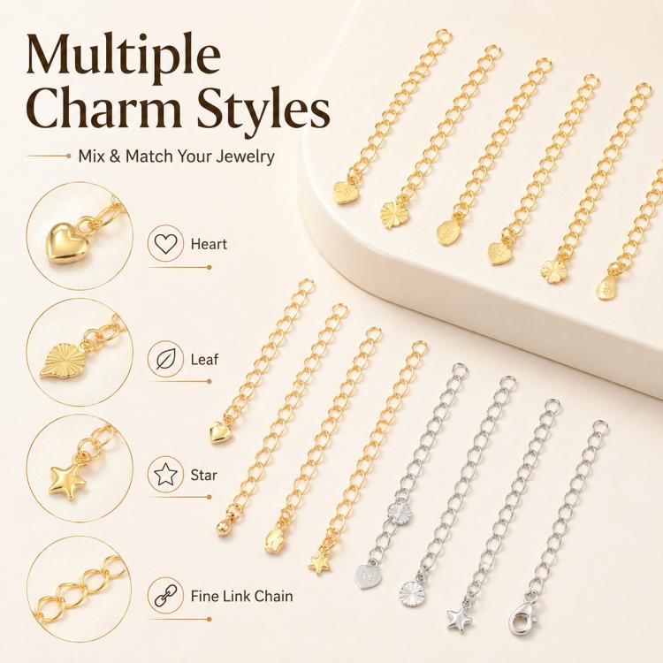 Confezione da 10 pezzi di catenelle di prolunga placcate in oro, resistenti allo scolorimento, per la creazione di collane e bracciali fai da te., 3D Cutout Heart, 3D Five-Pointed Star, 3D Rose, 3D Heart, 145 Chain 2.4mm Width 5cm Length               ...