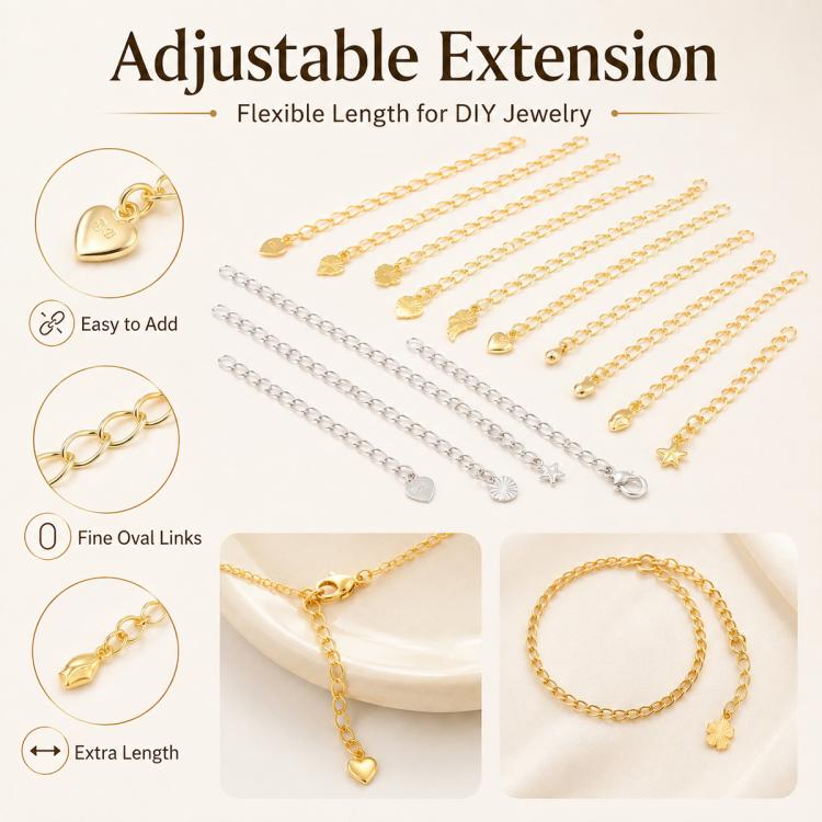 Confezione da 10 pezzi di catenelle di prolunga placcate in oro, resistenti allo scolorimento, per la creazione di collane e bracciali fai da te., S925 Heart-Shaped Charm, Crooked Heart S925, Smooth Unengraved Heart, Four-Leaf Clover Charm
