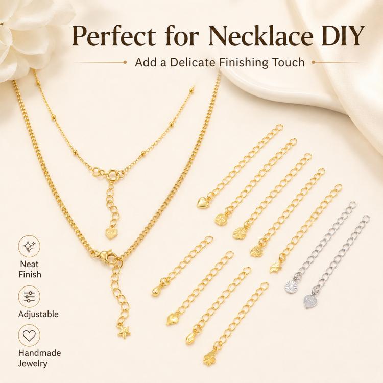 Confezione da 10 pezzi di catenelle di prolunga placcate in oro, resistenti allo scolorimento, per la creazione di collane e bracciali fai da te., 150 Chain 3mm Width 5cm Length, Heart 925 Silver, Rippled Heart, Rippled Plum Blossom, Rippled Leaf      ...