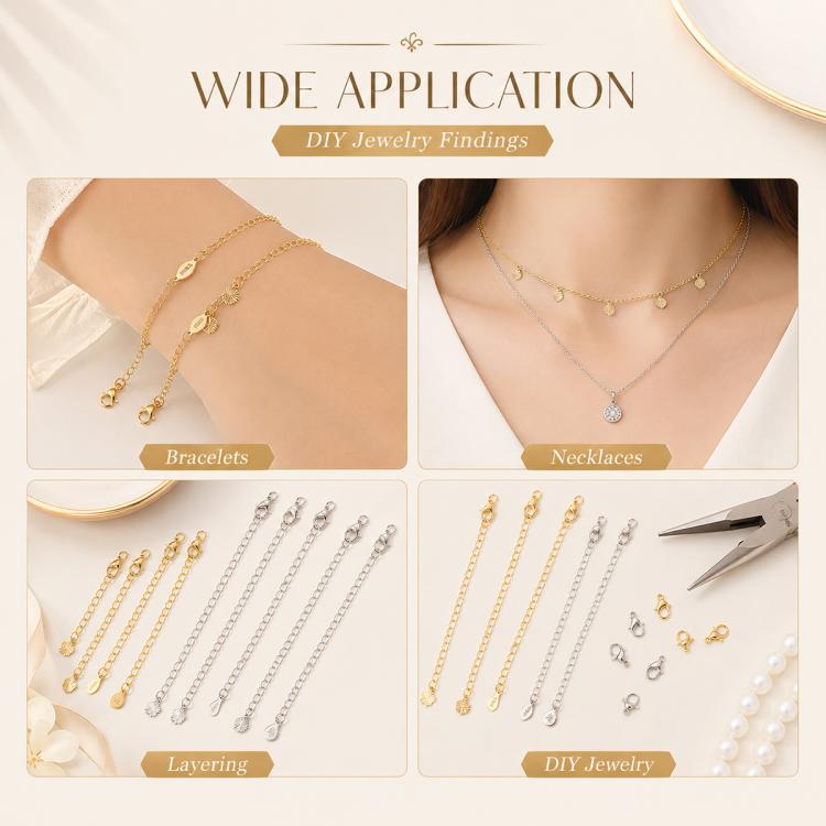Confezione da 10 pezzi di catenelle di prolunga con moschettone in rame placcato oro per la creazione di collane e bracciali fai da te., 3D Rose Flower, 3D Round Head Water Drop, 3D Five-Pointed Star, Rippled Heart, Rippled Plum Blossom, Rippled Leaf  ...
