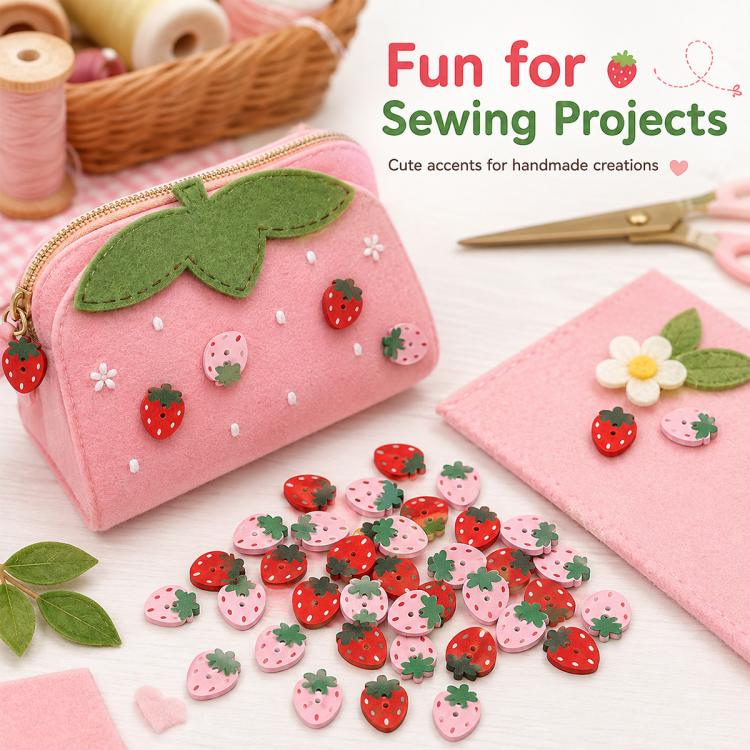 Kit fai da te con 25 bottoni in legno a forma di fragola