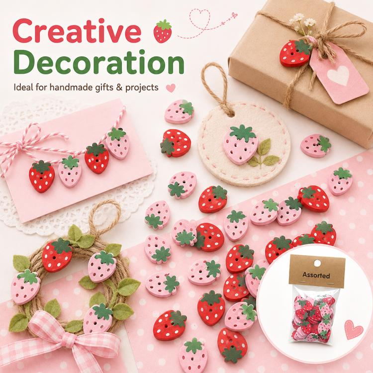 Kit fai da te con 25 bottoni in legno a forma di fragola
