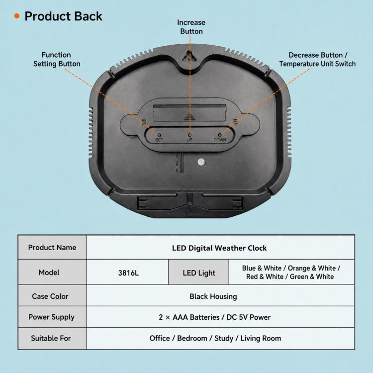 DS-3816L Orologio elettronico digitale multifunzione a LED con ampio schermo, visualizzazione meteo e telecomando