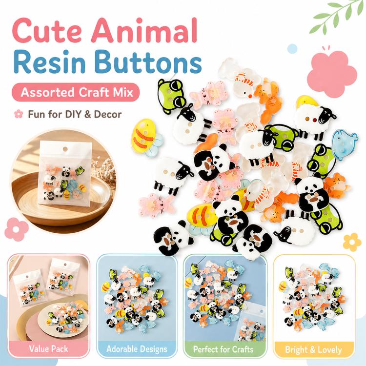 Confezione da 8 bottoni in resina colorati a forma di animale
