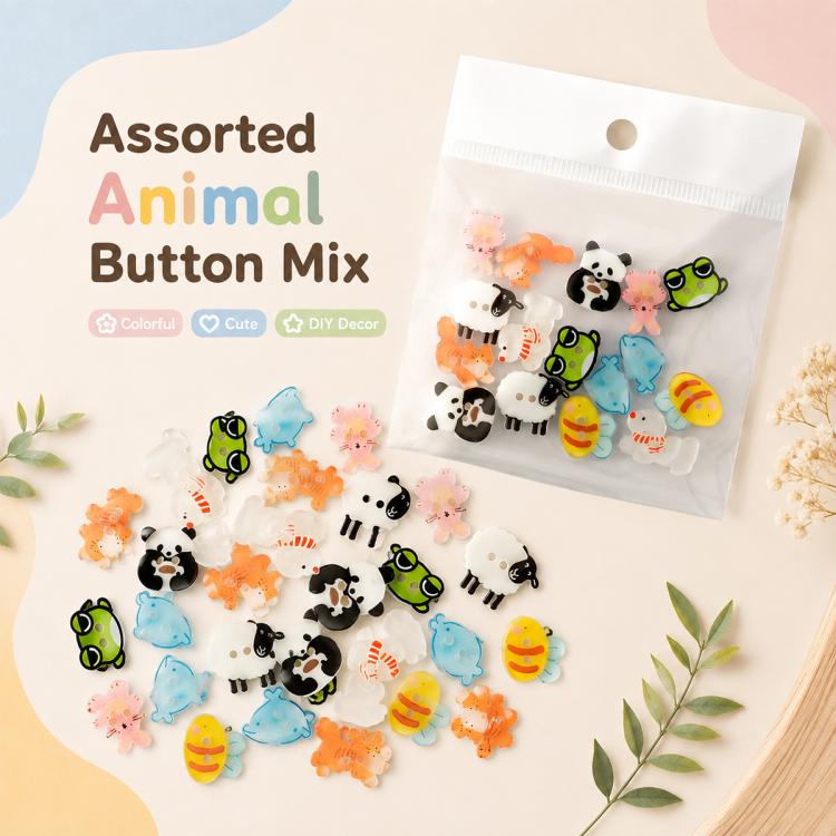 Confezione da 8 bottoni in resina colorati a forma di animale