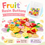 Confezione da 8 bottoni rotondi in resina con motivi di frutta colorata, ideali per accessori di cucito fai da te.
