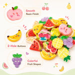 Confezione da 8 bottoni rotondi in resina con motivi di frutta colorata, ideali per accessori di cucito fai da te.