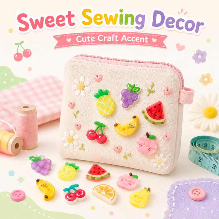 Confezione da 8 bottoni rotondi in resina con motivi di frutta colorata, ideali per accessori di cucito fai da te.