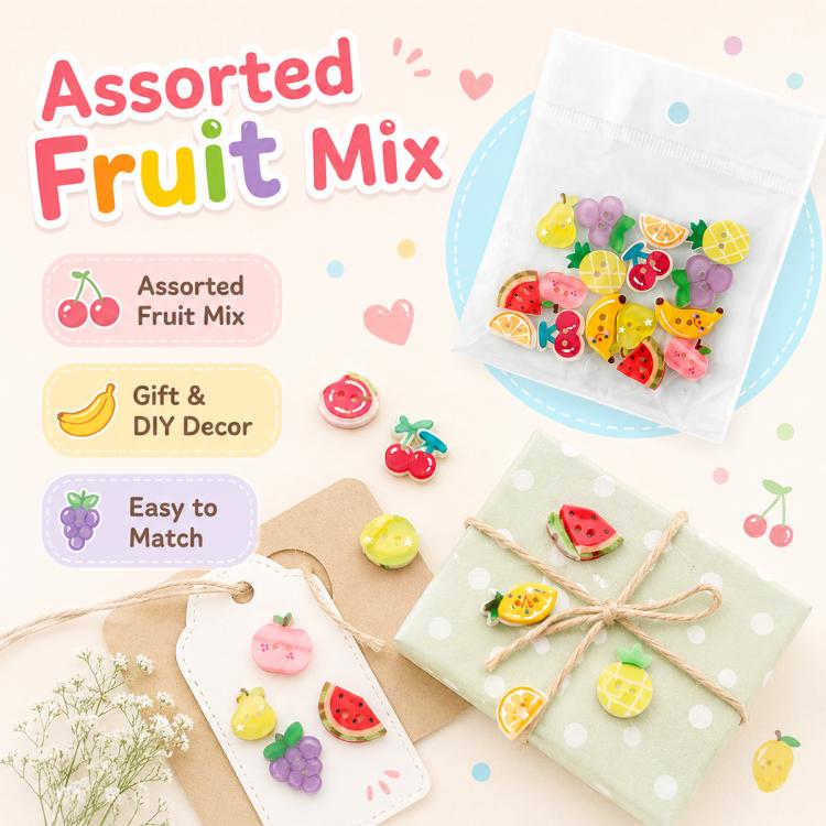 Confezione da 8 bottoni rotondi in resina con motivi di frutta colorata, ideali per accessori di cucito fai da te.
