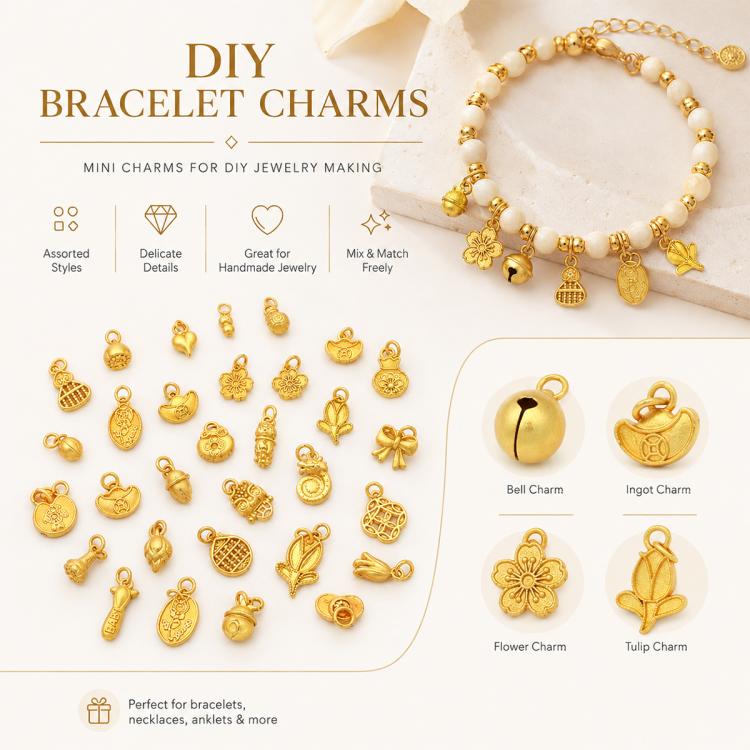 Confezione da 10 mini ciondoli placcati in oro color sabbia con anelli per braccialetti fai da te e creazione di gioielli con perline, Round Bead 4mm, Lotus 8.8x5mm, Round Bead 5.9mm, Lotus Pod 9 x 6.7mm, Bell 8.7x7.4mm, Gold Ingot 11.5x10.3mm         ...