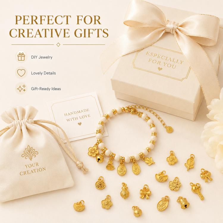 Confezione da 10 mini ciondoli placcati in oro color sabbia con anelli per braccialetti fai da te e creazione di gioielli con perline, Round Bead 4mm, Lotus 8.8x5mm, Round Bead 5.9mm, Lotus Pod 9 x 6.7mm, Bell 8.7x7.4mm, Gold Ingot 11.5x10.3mm         ...
