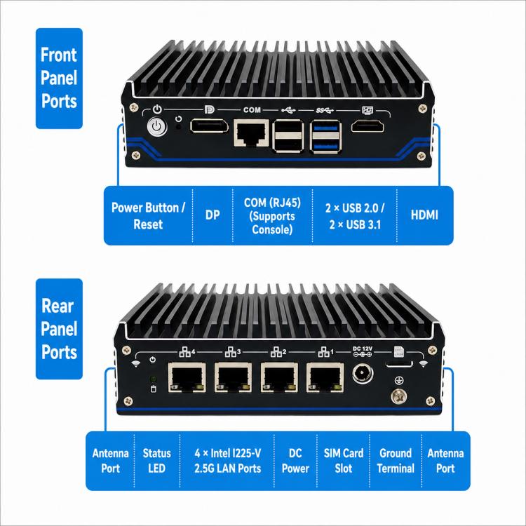 Mini PC industriale Intel Celeron J6412 con quattro porte di rete., without memory, 8GB + 128GB, 8GB + 256GB