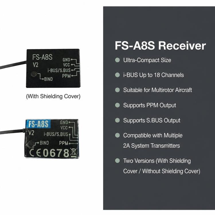 Ricevitore mini FlySky FS-A8S V2 2.4G a 8 canali con uscita PPM i-BUS SBUS