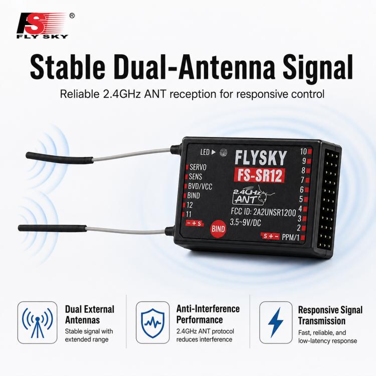 Ricevitore FlySky FS-SR12 a 12 canali 2.4G con doppia antenna per auto, barche, robot e giocattoli radiocomandati ad ala fissa, con protocollo ANT e trasmettitore FS-ST8., FS-SR12