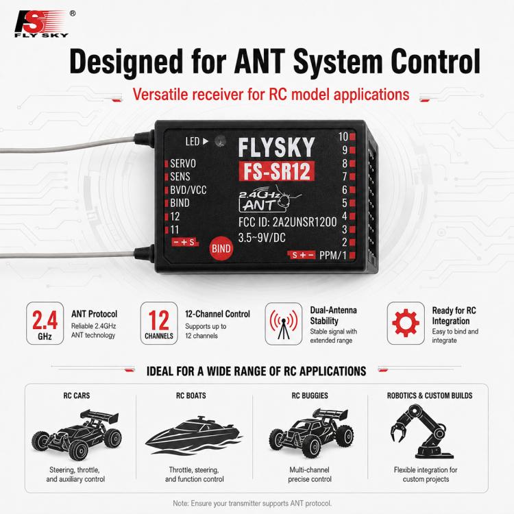 Ricevitore FlySky FS-SR12 a 12 canali 2.4G con doppia antenna per auto, barche, robot e giocattoli radiocomandati ad ala fissa, con protocollo ANT e trasmettitore FS-ST8., FS-SR12