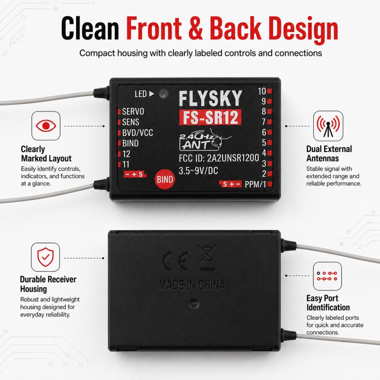Ricevitore FlySky FS-SR12 a 12 canali 2.4G con doppia antenna per auto, barche, robot e giocattoli radiocomandati ad ala fissa, con protocollo ANT e trasmettitore FS-ST8., FS-SR12