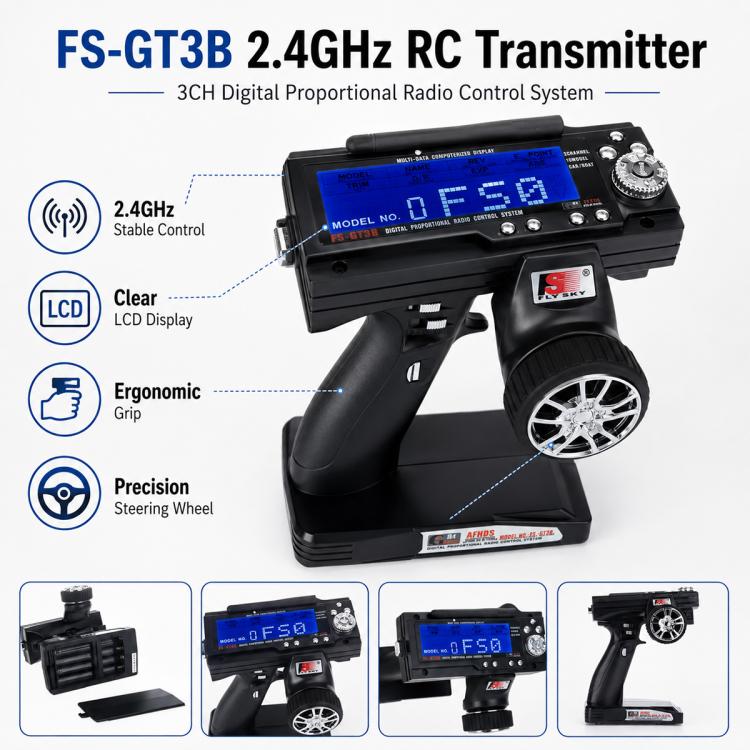 Radiocomando FlySky FS-GT3B a 3 canali da 2,4 GHz con protezione da guasti., FS-GT3B