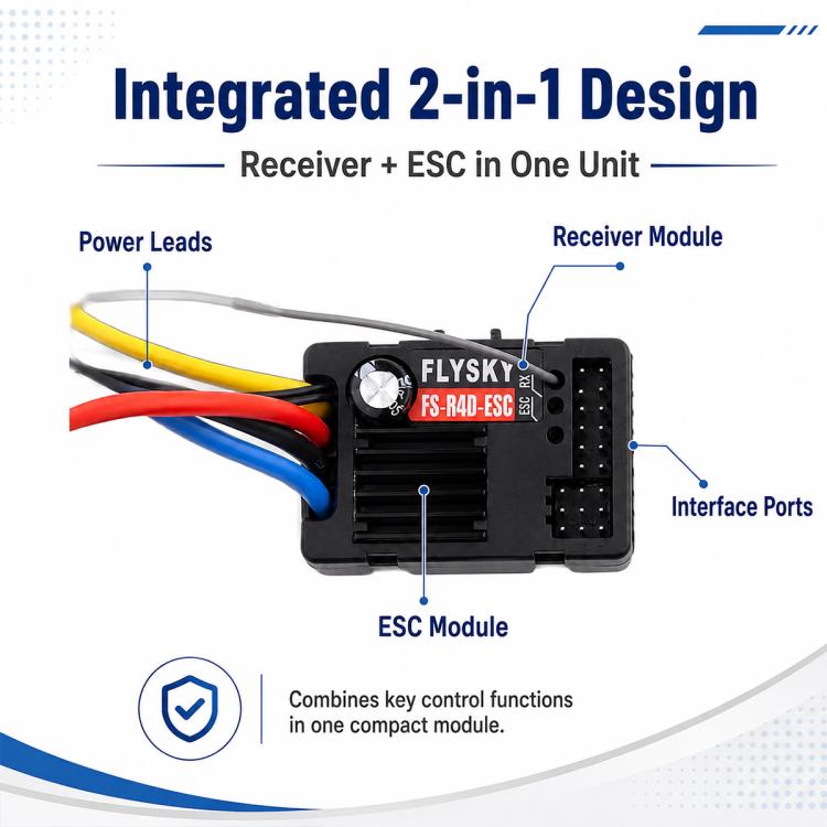Ricevitore FlySky FS-R4D-ESC 2 in 1 a 2,4 GHz e 4 canali per radiocomando G7P / MG7, FS-R4D-ESC