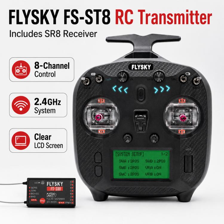 Trasmettitore FlySky FS-ST8 con schermo LCD, 2.4G e 8 canali per droni, barche e modellini di auto., Standard Left with SR8 Receiver, Upgraded Left with SR8A Receiver