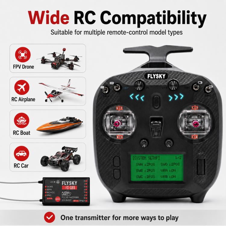 Trasmettitore FlySky FS-ST8 con schermo LCD, 2.4G e 8 canali per droni, barche e modellini di auto., Standard Left with SR8 Receiver, Upgraded Left with SR8A Receiver