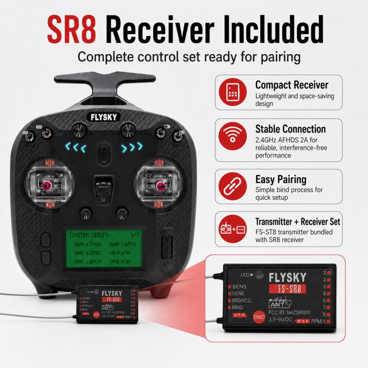 Trasmettitore FlySky FS-ST8 con schermo LCD, 2.4G e 8 canali per droni, barche e modellini di auto., Standard Left with SR8 Receiver, Upgraded Left with SR8A Receiver