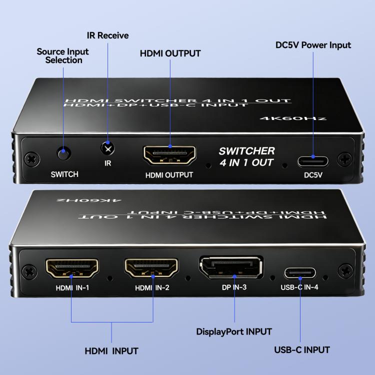 NK-666 4K/60Hz HDMI 4x1 Split Switch with Remote Control