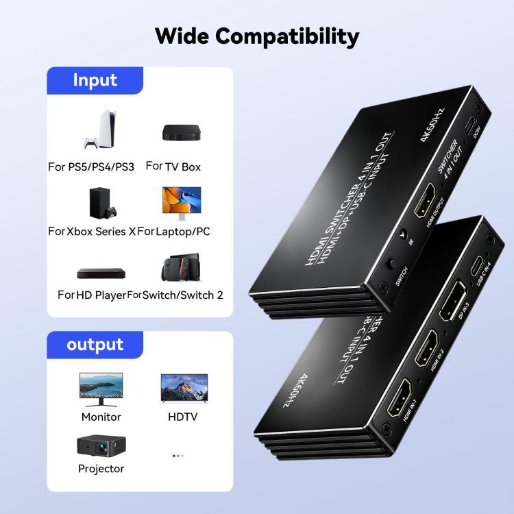 NK-666 4K/60Hz HDMI 4x1 Split Switch with Remote Control