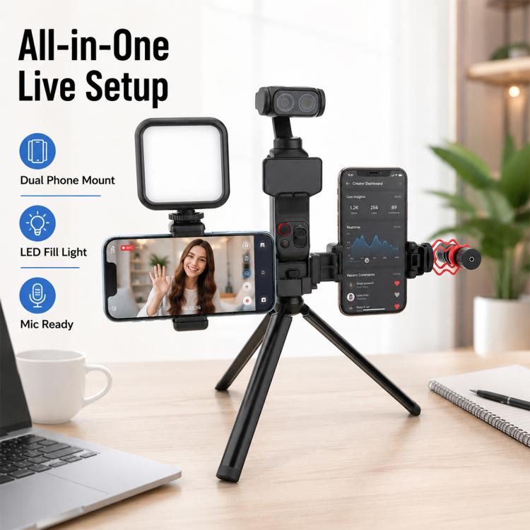 Supporto doppio per telefono per trasmissioni in diretta, morsetto girevole per telefono, supporto estensibile, For Insta360 Luna Ultra