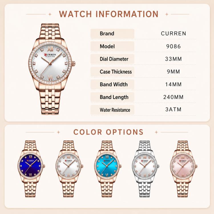 Orologio da donna CURREN 9086 al quarzo, elegante e con cinturino in acciaio inossidabile.