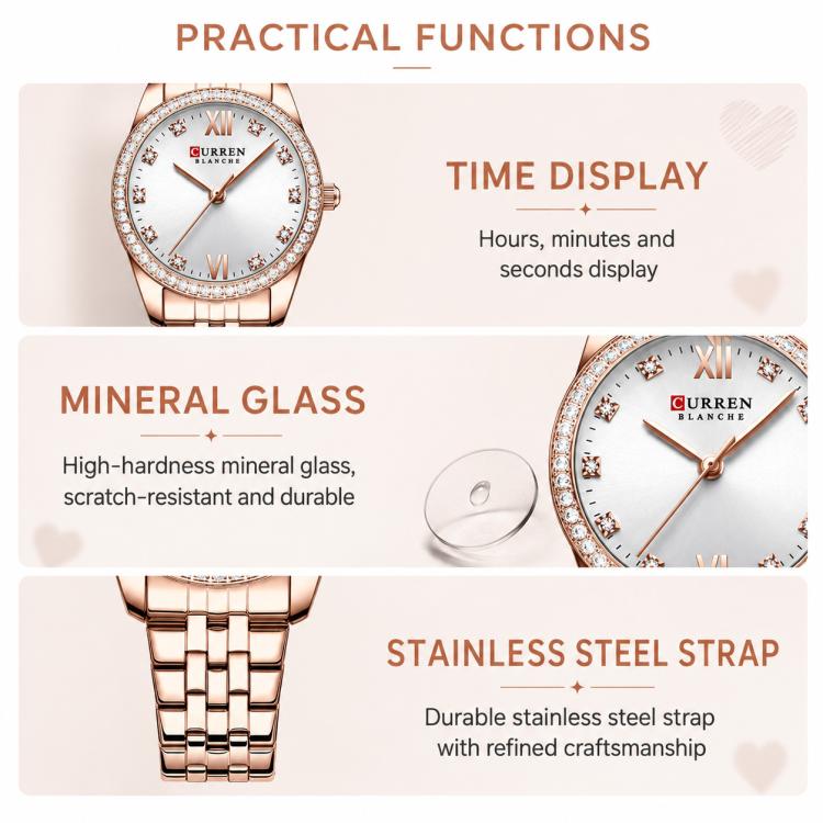 Orologio da donna CURREN 9086 al quarzo, elegante e con cinturino in acciaio inossidabile.