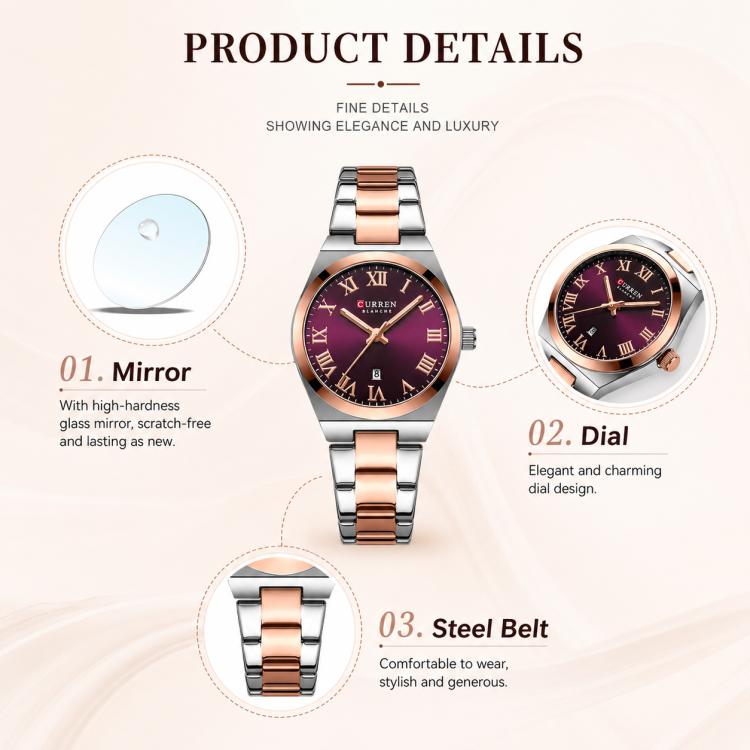 Orologio da donna CURREN 9095 al quarzo, elegante, con calendario e cinturino in acciaio inossidabile.