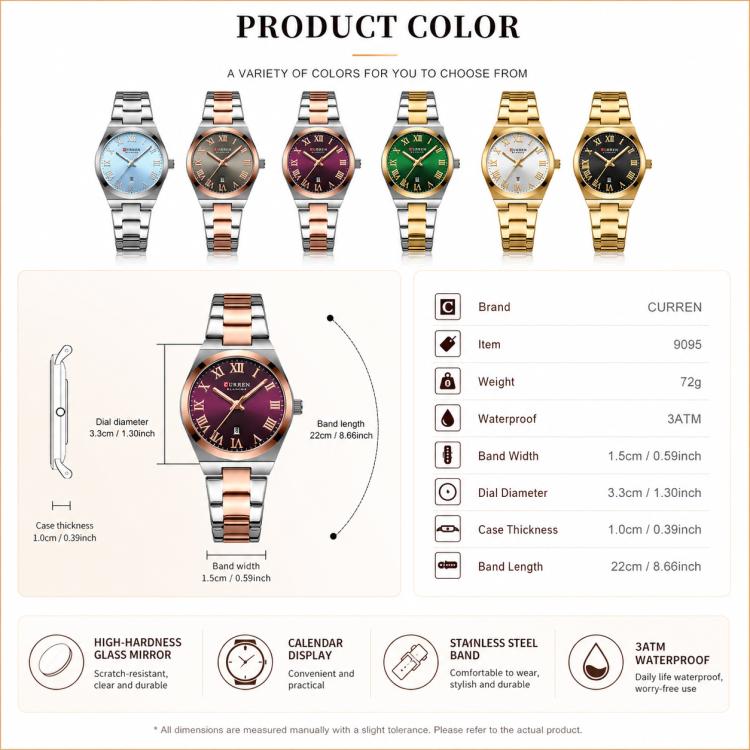 Orologio da donna CURREN 9095 al quarzo, elegante, con calendario e cinturino in acciaio inossidabile.