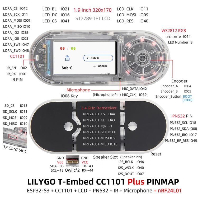 LILYGO T-Embed CC1101 Plus ESP32-S3 1.9 inch LCD PN532 Module, Built-in Antenna, External Antenna