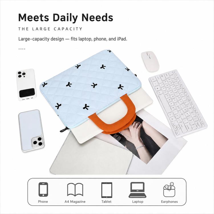 Stylish Bow-Quilted Design Portable Handheld Laptop Sleeve Bag, 11 inch, 14 inch, 15.6 inch