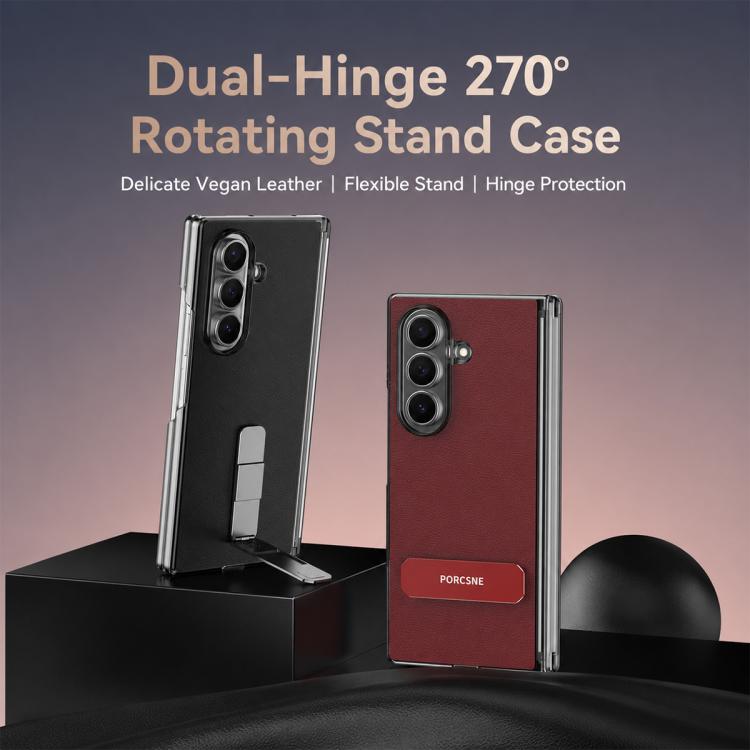 Custodia per telefono in pelle vegana con doppia cerniera e supporto in metallo girevole a 270°., For Galaxy Z Fold5, For Galaxy Z Fold4