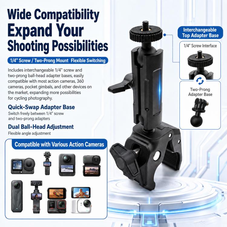 Supporto per manubrio moto con morsetto a chela di granchio per impieghi gravosi in lega di alluminio per DJI, Insta360, GoPro e altre action camera.