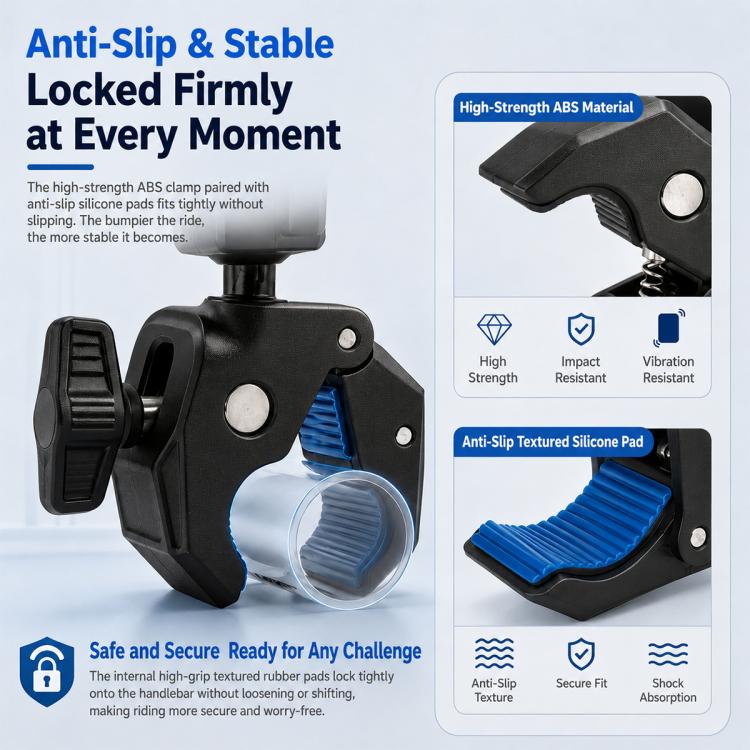 Supporto per manubrio moto con morsetto a chela di granchio per impieghi gravosi in lega di alluminio per DJI, Insta360, GoPro e altre action camera.