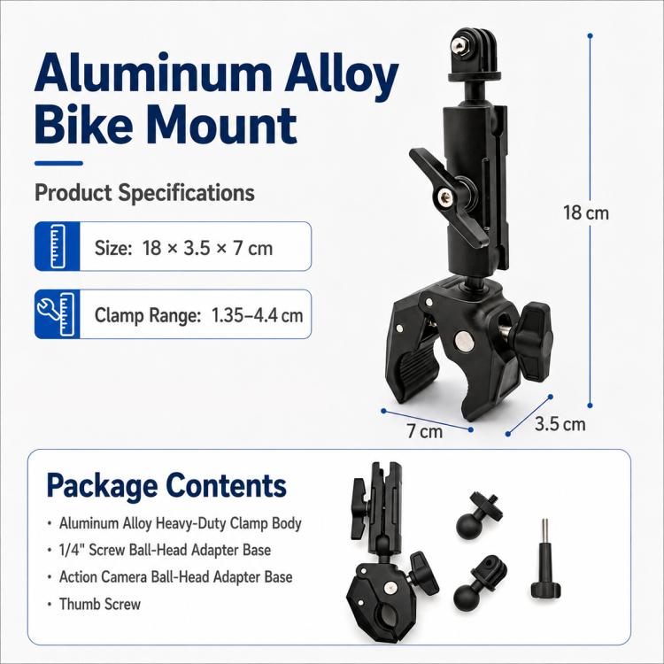 Supporto per manubrio moto con morsetto a chela di granchio per impieghi gravosi in lega di alluminio per DJI, Insta360, GoPro e altre action camera.
