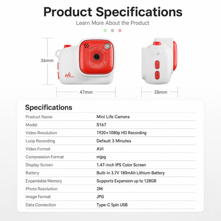 S167 2MP HD Mini Lifestyle Camera with 1.47-inch Color Screen, No Memory, 8G, 16G, 32G