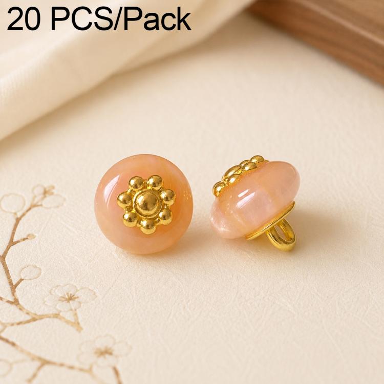 Confezione da 20 bottoni piatti in resina con perline dorate e gambo a forma di fiore per Hanfu Cheongsam, 16L-10mm