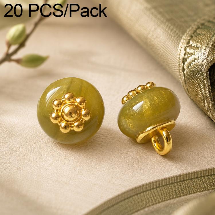 Confezione da 20 bottoni piatti in resina con perline dorate e gambo a forma di fiore per Hanfu Cheongsam, 16L-10mm