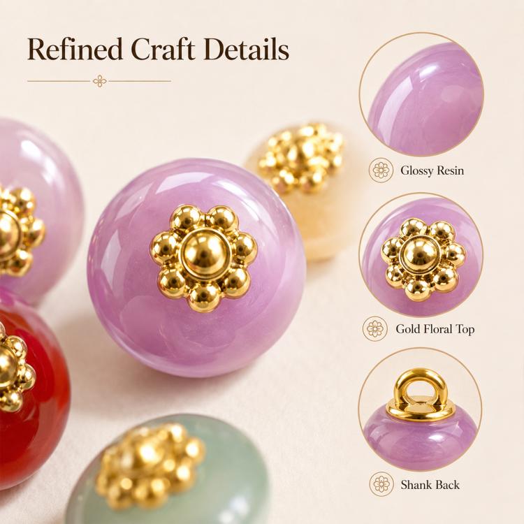Confezione da 20 bottoni piatti in resina con perline dorate e gambo a forma di fiore per Hanfu Cheongsam, 16L-10mm