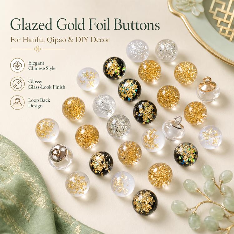 Confezione da 20 bottoni a nodo cinese con perline di vetro e foglia d'oro per Hanfu Cheongsam, 16L-10mm