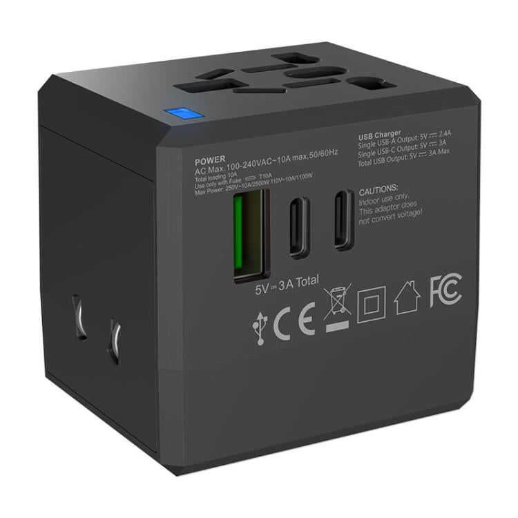 2-Port Type-C + USB-A Universal Travel Adapter Socket Worldwide Charger, 3.4A, PD20W, PD35W